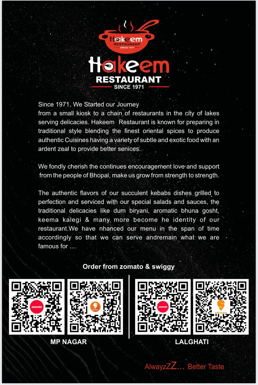 Hakeem Restaurant Bhopal menu featuring a variety of Mughlai and North Indian dishes, including succulent kebabs, rich curries, aromatic biryanis, flavorful rolls, and refreshing beverages. Signature items like Chicken Kali Mirch, Mutton Korma, Butter Chicken, and Seekh Kebabs are highlighted, along with a selection of bread, rice, and desserts. The menu is designed with elegant fonts and a warm color palette, reflecting the restaurant’s rich culinary heritage https://hakeemrestaurant.in/